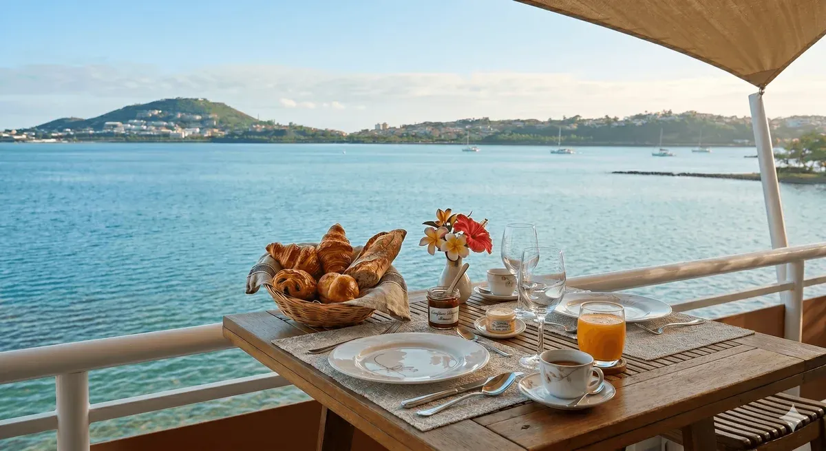 Terrasse du petit déjeuner face au lagon